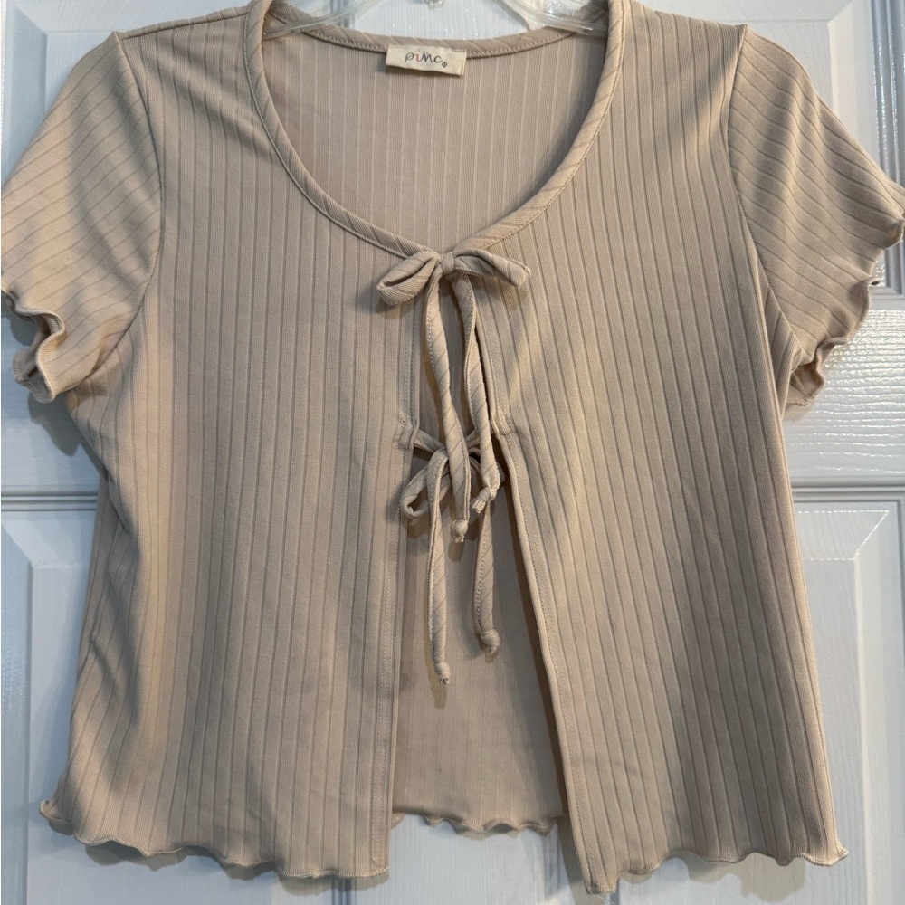 Tan Ribbed Tie-Front Top by Pinc